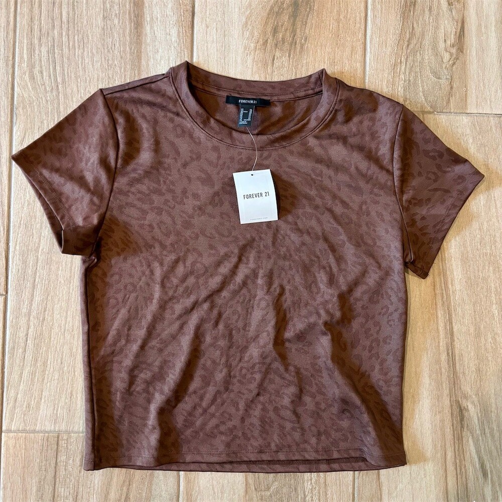 Forever 21 T-Shirt Womens XL Brown Leopard Jacquard Knit Crew Neck Short